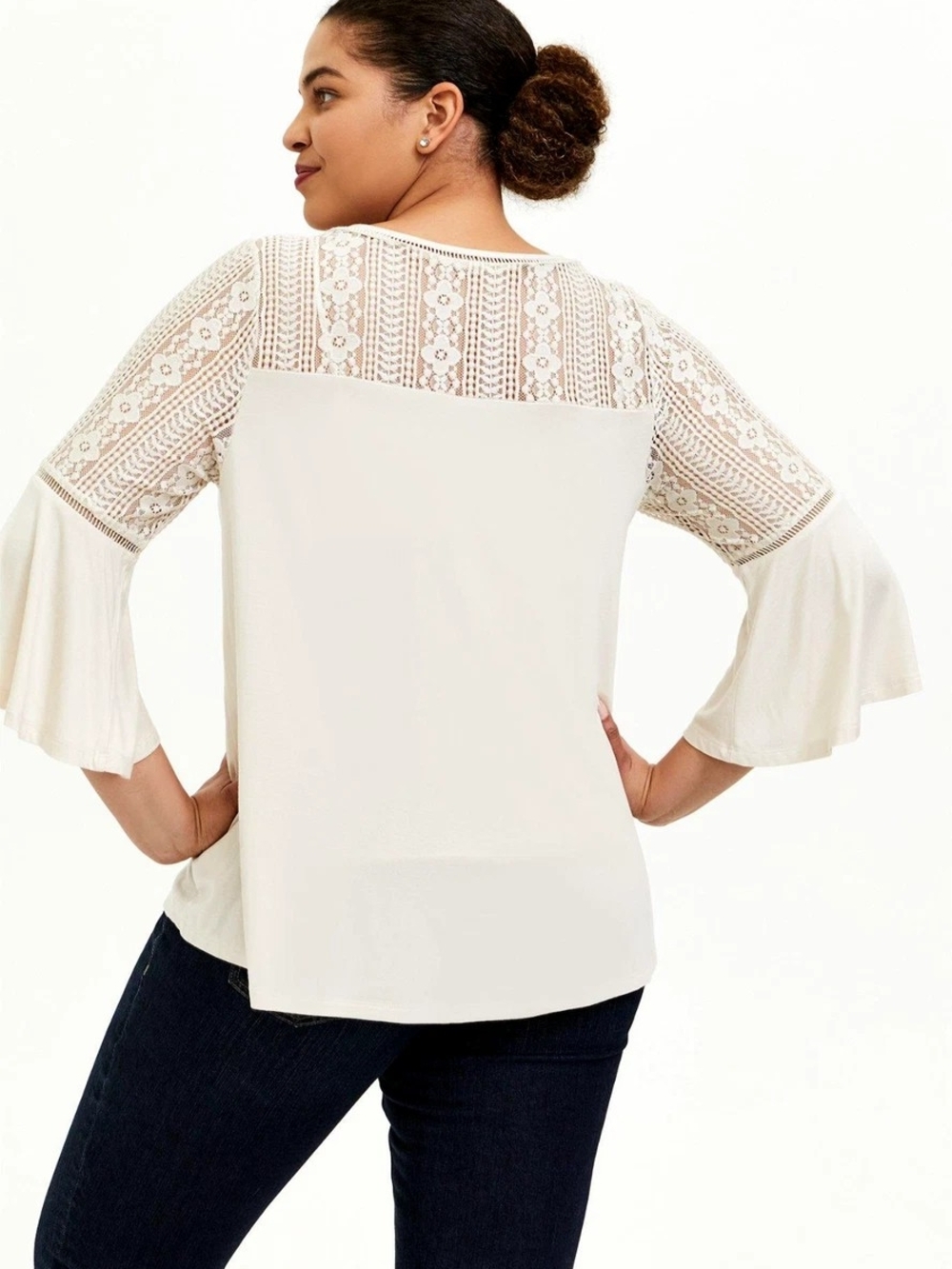 torrid Cream Lace-Sleeve Button-Front Top - Picture 6 of 7